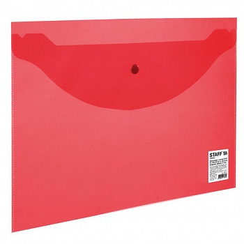 Папка-конверт с кнопкой STAFF, А4,прозрачная, красная, 0,12 мм, 225172