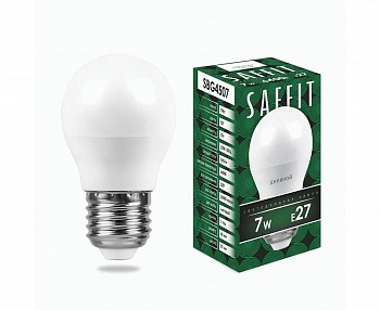 Лампа св/д Saffit шар G45 E27 7W(560lm) 6400K 6K матовая пластик 80x45 SBG4509 55124