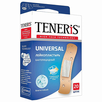 Пластыри TENERIS UNIVERSAL 20шт на полимерной основе, бактерицидный с ионами серебра