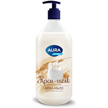 Крем-мыло AURA FAMILY 1000мл Шелк и экстракт риса (гипоаллергенное) с доз. /6/КОТТОН КЛАБ