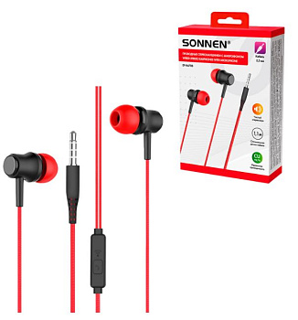 Наушники проводные внутриканальные с микрофоном SONNEN EP-H47RB, 1,1 м, красные/черные, 514129