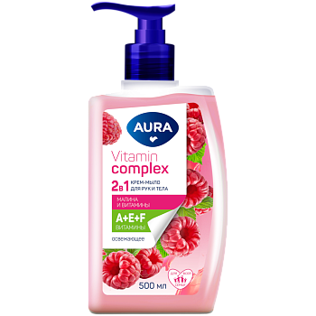 Крем-мыло AURA Vitamin Complex 500мл 2в1 для рук и тела Малина и витамины, с доз. /12/КОТТОН КЛАБ