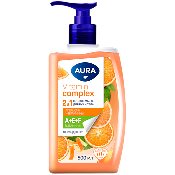 Жидкое мыло AURA Vitamin Complex 500мл  2в1 для рук и тела Апельсин и витамины, доз. /12/КОТТОН КЛАБ