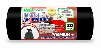 MIRPACK мешки д/мусора  35л, 20шт в рулоне "PREMIUM+", ПСД, 20 мкм, 50х64 см, черные /21/3520101