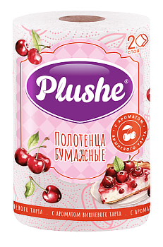 Бумажное полотенце PLUSHE  1 рулон, 30м, 2 слоя, белое с роз. тиснением, с аром. вишнёвого тарта/18/